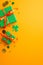 Top view vertical photo of green gift boxes with orange ribbon bows shamrocks clover shaped confetti and gold coins