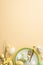 Top view vertical photo of plates cutlery white green yellow easter eggs ceramic bunny and easter plant