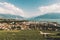 Top view on Vevey city and Lavaux vineyards