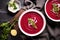 top view of a vibrant beetroot detox soup
