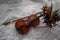 Top view of Violin and bow put beside dried flower pot.on background,prepare for practice