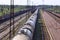 Top view of wagons with cisterns and railroad tracks