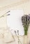 Top view of white empty sheet of paper with burned edges and surrounded by fresh lavender branches and scented dry lavender.