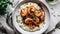 Top View, White Round Plate With Keto Shrimp And Grits. Generative AI