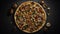 Top View of Whole Pepperoni Pizza on Black Stone Background generated by AI