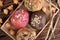 Top view whole wheat multi-grains bread in wooden box on table