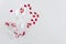 Top view wine glasses with red hearts on white background with copy space for greeting card or your text