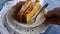 Top view of woman hands serving apple carrot cake with rice flour, Healthy gluten free  and dairy free pie