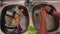 Top view of woman hands washing dishes with pots and cutlery with foam and water