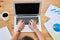 Top view, woman and typing on laptop mockup, keyboard or blank screen at office desk. Above, hands and business worker