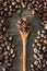 Top view of wood teaspoon filled with coffee beans rounded with coffee seeds over the woodeen background