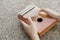 Top view wooden african instrument Kalimba musical instrument on background