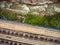 Top view of wooden bridge with narrow gauge railway. Rapids on a fast mountain stream in the rocks