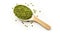 Top view of a wooden spoon with green lentils on a white background. Healthy vegetarian food, rich in protein and