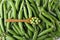 Top view of wooden spoon of green peas on the pile of peas pods, closeup