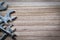 Top view wooden table, Steel wrench pile on the left with copy space.