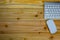 top view of working desk table with keyboard, mouse