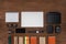 top view of workplace with arranged pencils empty textbook smartphone and laptop on wooden