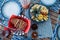 Top view of a yacht breakfast, toast, vegetables and fruits with sauces