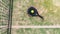 Top view of yellow ball over padel tennis racket behind net in green court