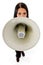 Top view of young female holding loudspeaker