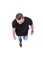 Top view. young man in black t-shirt stepping forward