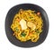 Top viiew of stir fried yellow noodles with meat and vegetable