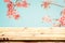 Top of wood table with pink cherry blossom flower sakura on sky background in spring season