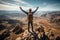 Top of the world, victorious hiker basks in success, soaking up mountain panorama