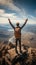 Top of the world, victorious hiker basks in success, soaking up mountain panorama