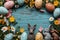 Topdown View Of Festive Easter Elements Like Eggs Bunny Figurines And Flowers