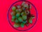 Tope view of green grapes in a glass on the red background