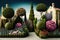 topiary garden with variety of shapes and sizes, accented with seasonal flowers