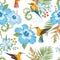 Topical flowers seamless pattern. Lovely background with tropical birds and flowers. Hibiscus and hummingbird background