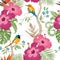 Topical flowers seamless pattern. Lovely background with tropical birds and flowers. Tropical vector background.