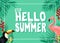 Topical Summer Banner Design with Say Hello to Summer Message in Green Color with Polka Dots Patterned Background