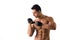 Topless Muscled Man Wearing Gloves for Workout