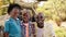 Topography against portrait of african american father, daughter and son smiling in the park