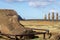 A toppled moai near the moais stone platform of Ahu Tongariki on the south coast of Easter Island. Easter Island, Chile