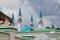 The tops of the minarets of the Kul Sharif mosque in the Kazan Kremlin. Beautiful white mosque with blue domes