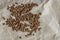 Topview of buckwheat tea in granules, on a sheet of kraft paper. close-up photo with negative space