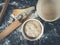 Topview of kitchen utensils for baking your own bread