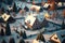 Topview of small miniature village covered in snow, ai generated