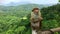 Toque Macaque Macaca Sinica siting on the fence in green jungle, red ape. Tropical hills, beautiful landscape, panoramic view.