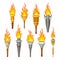 Torch with Brightly Burning Fire on Top as Ignited Light Source Vector Set