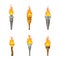 Torch with Brightly Burning Fire on Top as Ignited Light Source Vector Set