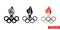 Torch and five rings icon of 3 types color, black and white, outline. Isolated vector sign symbol