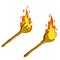 Torch on stick. Fire and branch. Primitive weapon. Burning club. Cartoon flat illustration. old item for lighting