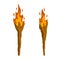 Torch on stick. Primitive weapon. Burning club. Cartoon flat illustration. old item for lighting. Fire and branch