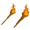 Torch on stick. Primitive weapon. Burning club. Cartoon illustration. old item for lighting. Fire and branch